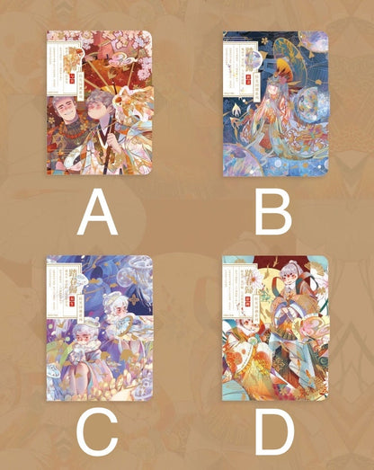 Gold Foil Anime Boy Journal with Magnetic Leather Buckle in four designs: A) pink cherry blossom theme, B) blue celestial theme, C) pastel fantasy theme, D) vibrant traditional theme.