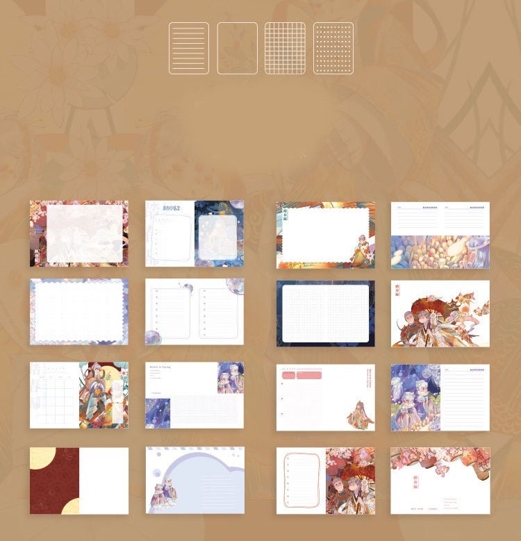 Gold Foil Anime Boy Journal - Magnetic Leather Buckle, showing detailed inner page designs with lined, grid, and blank paper, featuring colorful anime boy artwork and decorative illustrations.