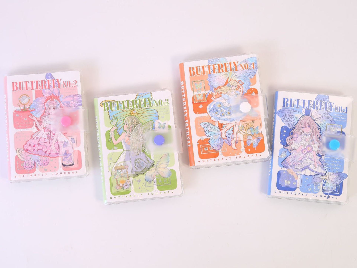 A6 Butterfly Pocket Journal with PVC Cover, 192 Pages, Assorted Designs Featuring Fairy and Butterfly Illustrations, Set of Four Colors.