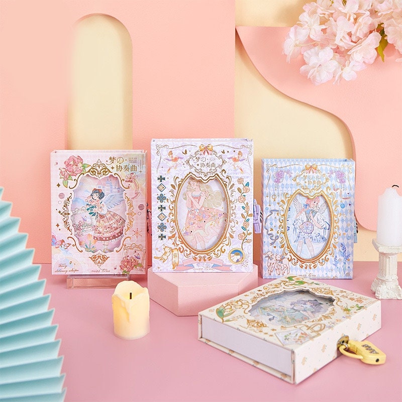 Dream Concerto Hard Cover Journal with Locker - A6 in pastel pink and blue tones, featuring elegant decorative art and illustrations, displayed with a charming backdrop and accessories.