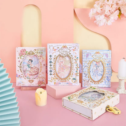 Dream Concerto Hard Cover Journal with Locker - A6 in pastel pink and blue tones, featuring elegant decorative art and illustrations, displayed with a charming backdrop and accessories.