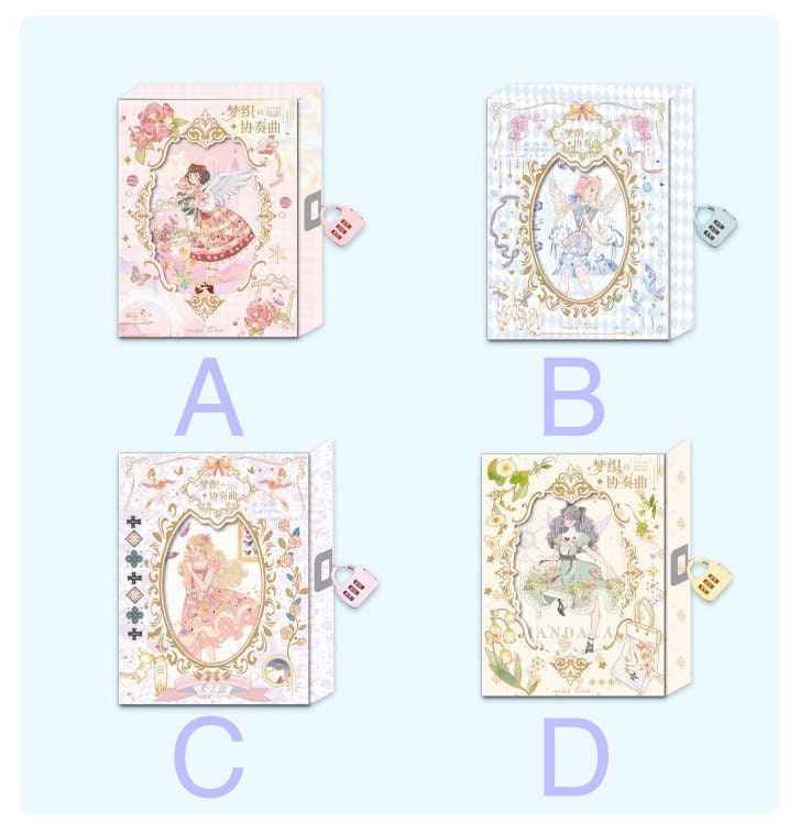 Dream Concerto Hard Cover Journal with Locker - A6, available in four designs (A: Pink ballerina theme, B: Blue princess theme, C: Peach fairytale theme, D: Green floral theme), ideal for cute kawaii stationery lovers.