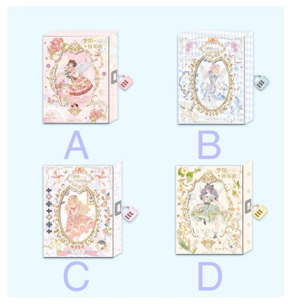 Dream Concerto Hard Cover Journal with Locker in A6 size, featuring four enchanting designs labeled A, B, C, and D, each with a unique whimsical illustration and pastel-themed color palette, complete with a secure lock for privacy.