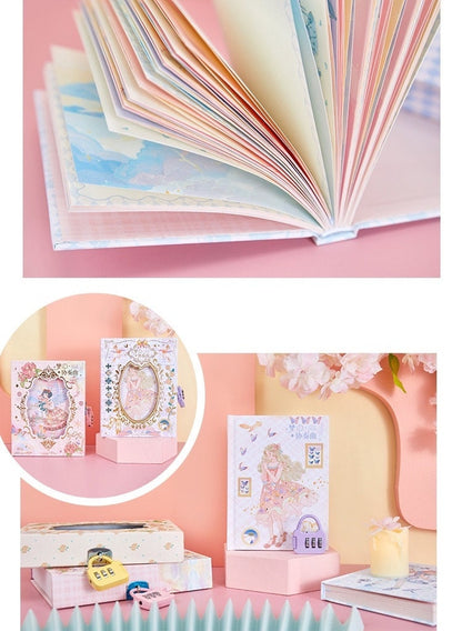 Dream Concerto Hard Cover Journal with Locker - A6 featuring pastel-colored pages, cute kawaii illustrations on the cover, and a small lock for security, perfect for notes, sketches, and diary entries.