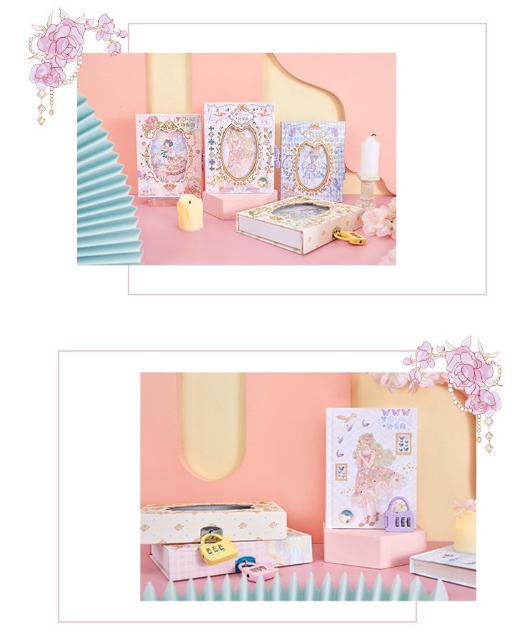 Dream Concerto Hard Cover Journal with Locker - A6 featuring kawaii designs with pastel colors, displayed on a pink desk with decorative flowers and candles.