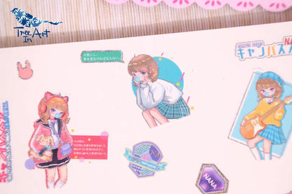 Campus Stars Fashion Girl Stickers Set for Planners featuring kawaii style illustrations of girls in school uniforms, one with cat ears and headphones, another playing a guitar, and various decorative elements.