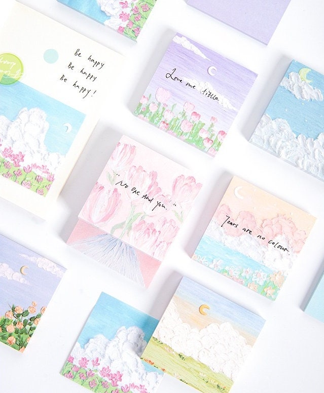 Flower Field Sticky Notes Set - 120 Pieces; pastel-colored sticky notes featuring floral designs, including tulips and roses, with motivational quotes. Kawaii stationery for office and school supplies.