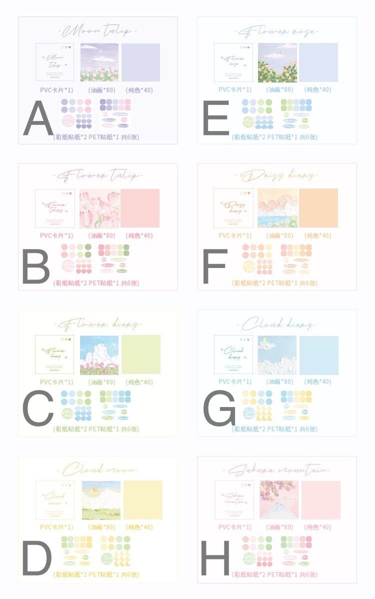 Flower Field Sticky Notes Set - 120 Pieces with 8 designs: A. Moon Tulip, B. Flower Tulip, C. Flower Diary, D. Cloud Room, E. Flower Range, F. Daisy Diary, G. Cloud Diary, H. Sakura Mountain.