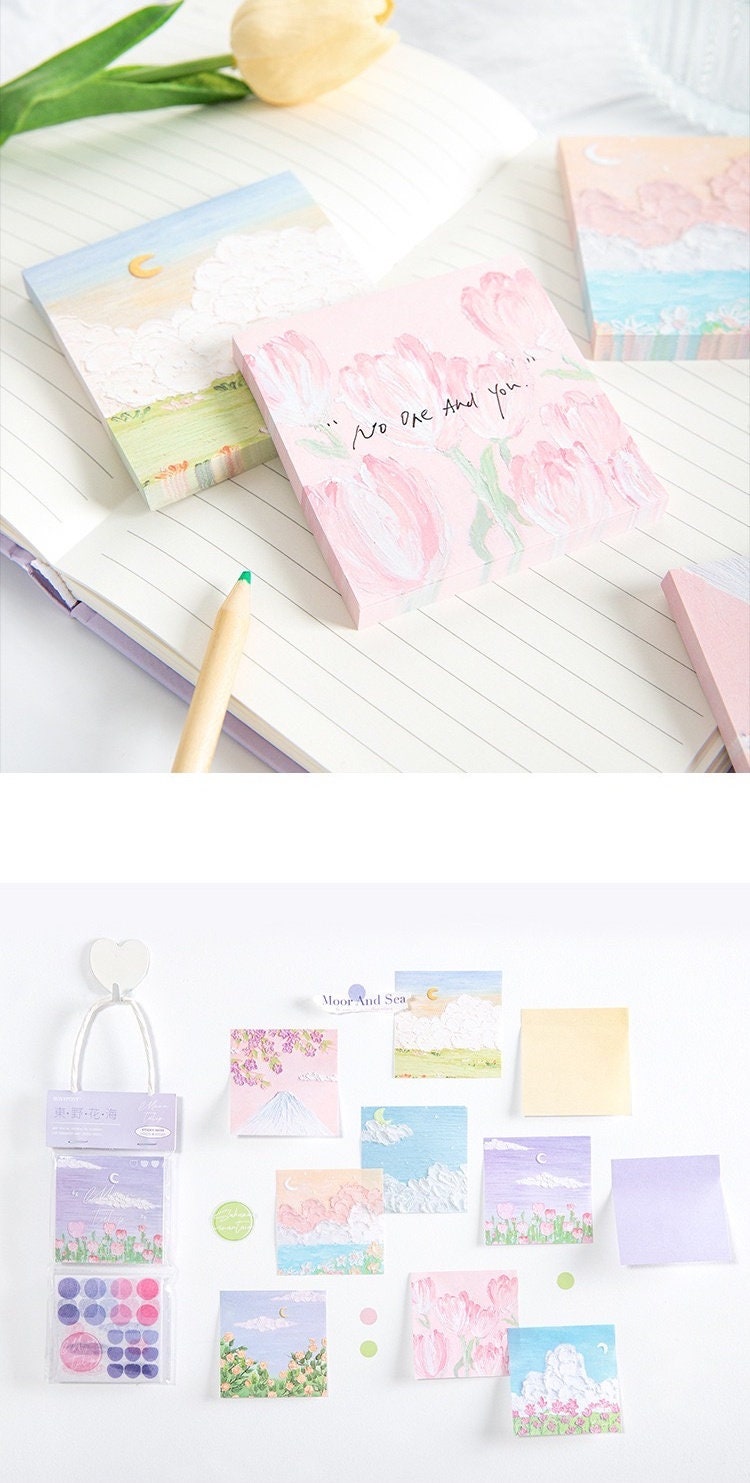 Flower Field Sticky Notes Set - 120 Pieces in various pastel colors with floral and landscape designs, perfect for adding kawaii charm to your stationery collection.