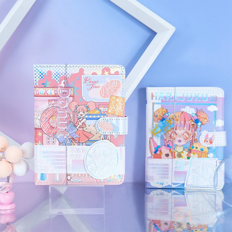 Cool Girl 3D Page Journal with Bookmark - A5 Leather, Kawaii Stationery, Donut and Harajuku Designs, Cute Pink and Blue Covers, Japanese-Inspired Notebook, Perfect Gift for Teens and Kids