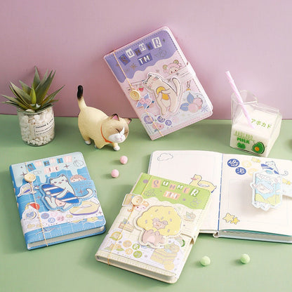 Magnetic Buckle A5 Hard Cover Summer Journal in kawaii designs featuring pastel colors, cute animal illustrations, succulents, and avocado milk on a colorful table.