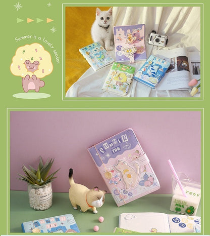 Magnetic Buckle A5 Hard Cover Summer Journal in kawaii style with cute illustrations, surrounded by additional stationery and a white kitten in background.