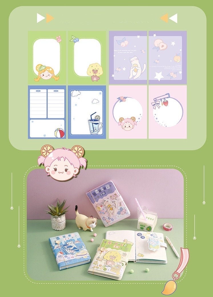 Magnetic Buckle A5 Hard Cover Summer Journal set on a desk with cute kawaii stationery, plant, and decorative items. Playful summer-themed designs and pastel colors.