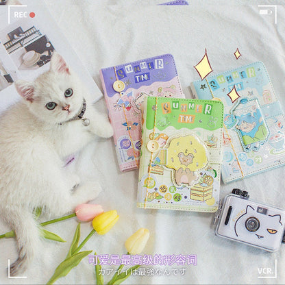 Magnetic Buckle A5 Hard Cover Summer Journal in kawaii style featuring colorful summer-themed illustrations, surrounded by a cute white kitten, tulips, and a cartoon cat camera.