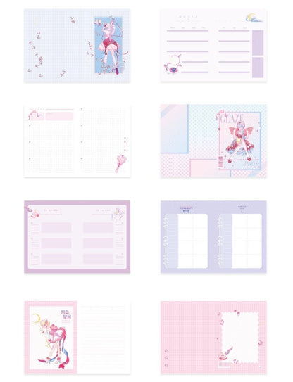 Pink Leather Galaxy Planner - Magnetic Buckle, featuring kawaii-style illustrations, weekly and monthly views, and to-do lists.