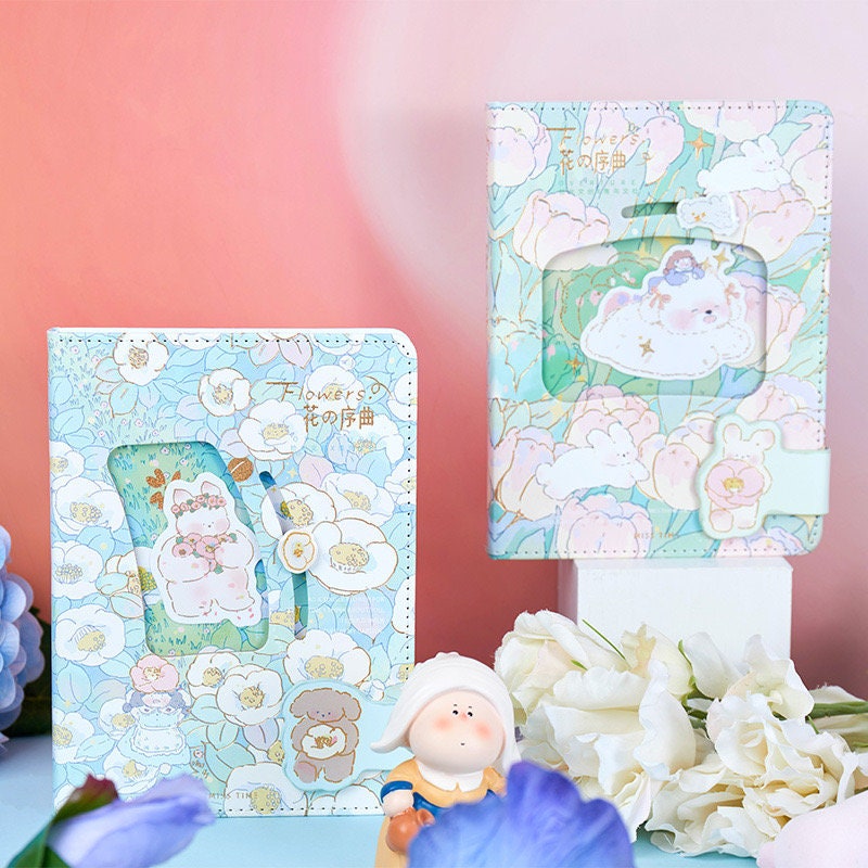 Flower Prelude Pink Leather Planner with Magnetic Buckle featuring adorable kawaii floral design and cute animal illustrations, perfect for organizing and planning in style.