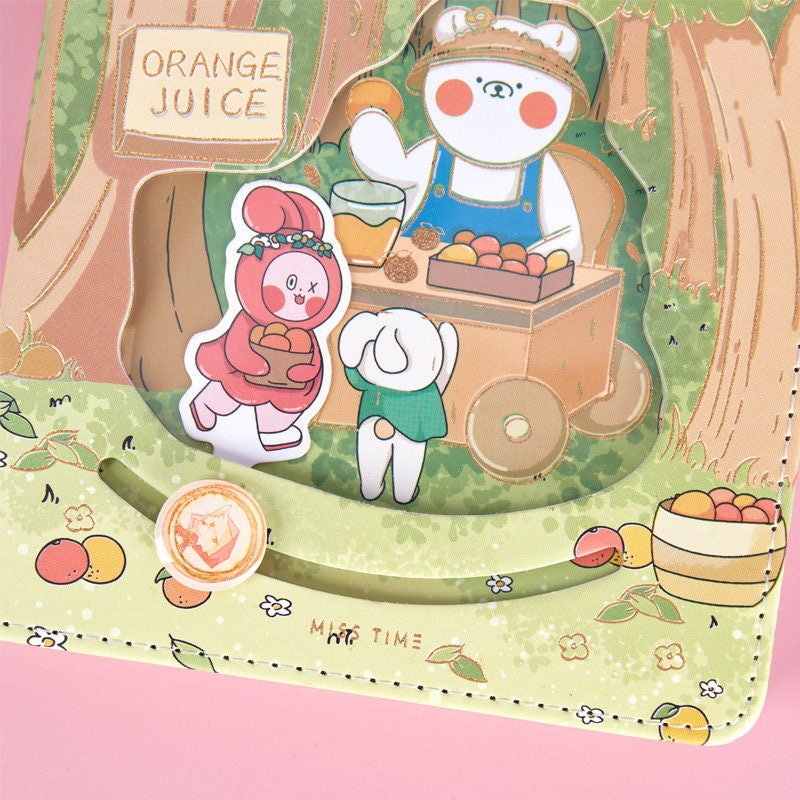 Jungle Adventure Pink Leather Journal with Magnetic Buckle featuring cute kawaii illustration of animals selling orange juice in a forest