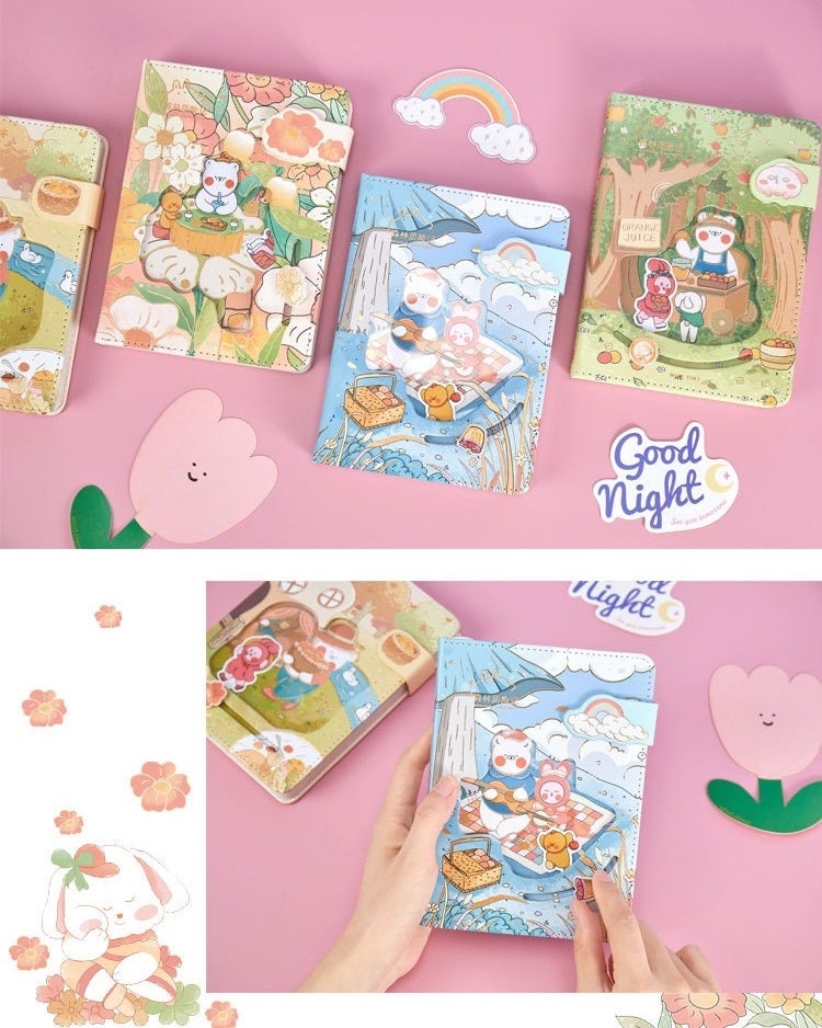 Jungle Adventure Pink Leather Journal with Magnetic Buckle - Kawaii stationary with adorable animal illustrations, perfect for note-taking and journaling enthusiasts.