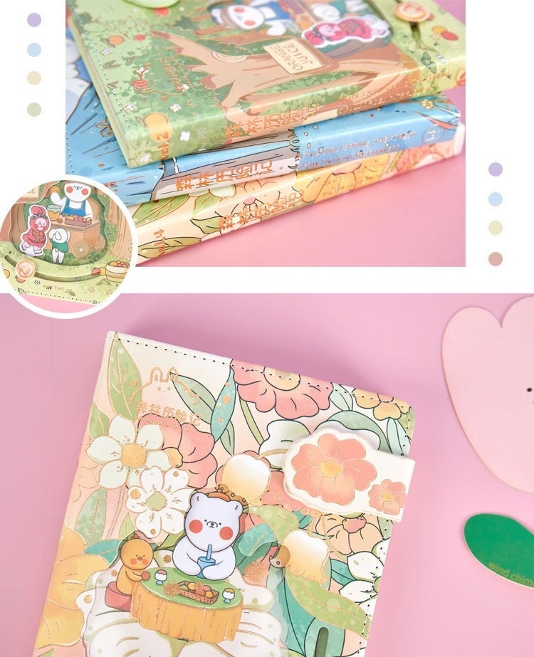 Jungle Adventure Pink Leather Journal with Magnetic Buckle featuring cute kawaii animal illustrations and vibrant floral design on a pastel background.