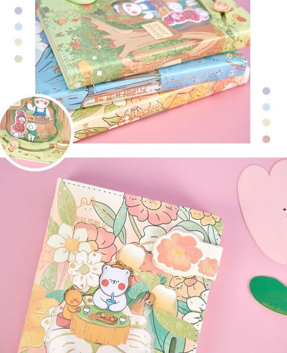 Jungle Adventure Pink Leather Journal with Magnetic Buckle featuring cute kawaii animal illustrations and vibrant floral design on a pastel background.