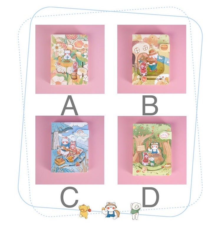 Jungle Adventure Pink Leather Journal with Magnetic Buckle in four designs: A. Forest Picnic; B. Cottage House; C. Blue River; D. Tree Swing. Kawaii stationery with vibrant, cute illustrations.