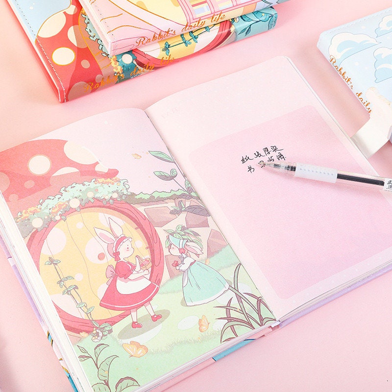 Rabbit's Daily Life Leather Journal with Magnetic Buckle, Open Pages Showing Cute Illustrations and Writing, Kawaii Stationery, Perfect for Personal Notes and Diary, Soft Pastel Colors