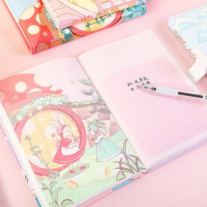 Rabbit's Daily Life Leather Journal with Magnetic Buckle, Open Pages Showing Cute Illustrations and Writing, Kawaii Stationery, Perfect for Personal Notes and Diary, Soft Pastel Colors