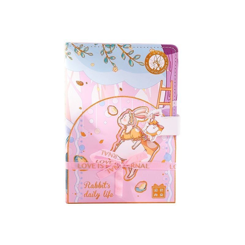 Rabbit's Daily Life Leather Journal with Magnetic Buckle - Pink kawaii journal with cute rabbit illustrations, ideal for writing and note-taking, adorable stationery.