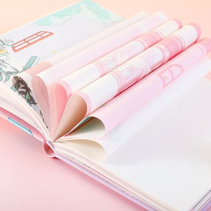 Rabbit's Daily Life Leather Journal with Magnetic Buckle, featuring cute pink and white pages with adorably illustrated rabbits, ideal for kawaii stationery lovers.