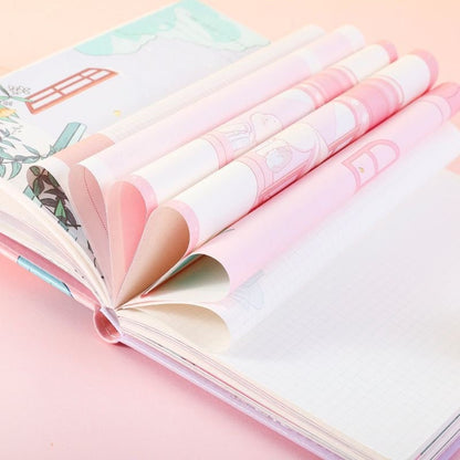 Rabbit's Daily Life Leather Journal with Magnetic Buckle, featuring cute pink and white pages with adorably illustrated rabbits, ideal for kawaii stationery lovers.