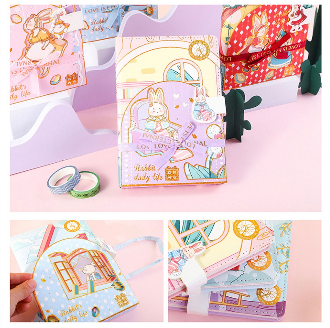 Rabbit's Daily Life Leather Journal with Magnetic Buckle featuring cute kawaii rabbit designs, pastel colors, and intricate illustrations, perfect for stationery lovers.