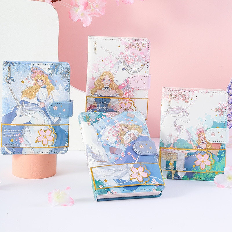 Princess Unicorn Magnetic Buckle Leather Notebook A6 in kawaii style featuring illustrations of princesses and unicorns with a magnetic buckle closure, available in various pastel colors and floral designs.