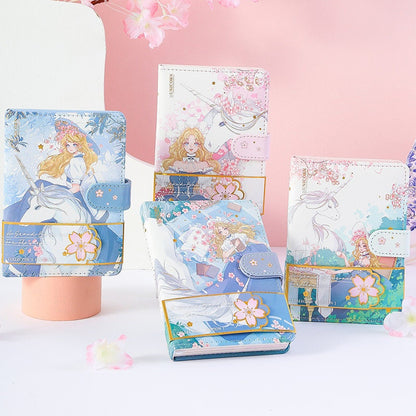 Princess Unicorn Magnetic Buckle Leather Notebook A6 in kawaii style featuring illustrations of princesses and unicorns with a magnetic buckle closure, available in various pastel colors and floral designs.