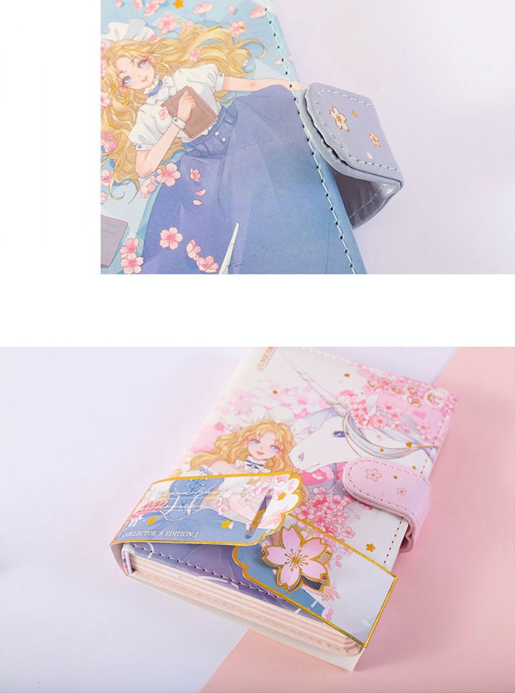 Princess Unicorn Magnetic Buckle Leather Notebook A6 featuring a kawaii anime-style girl with long blonde hair and a unicorn on a pastel-colored cover adorned with cherry blossoms and gold accents.