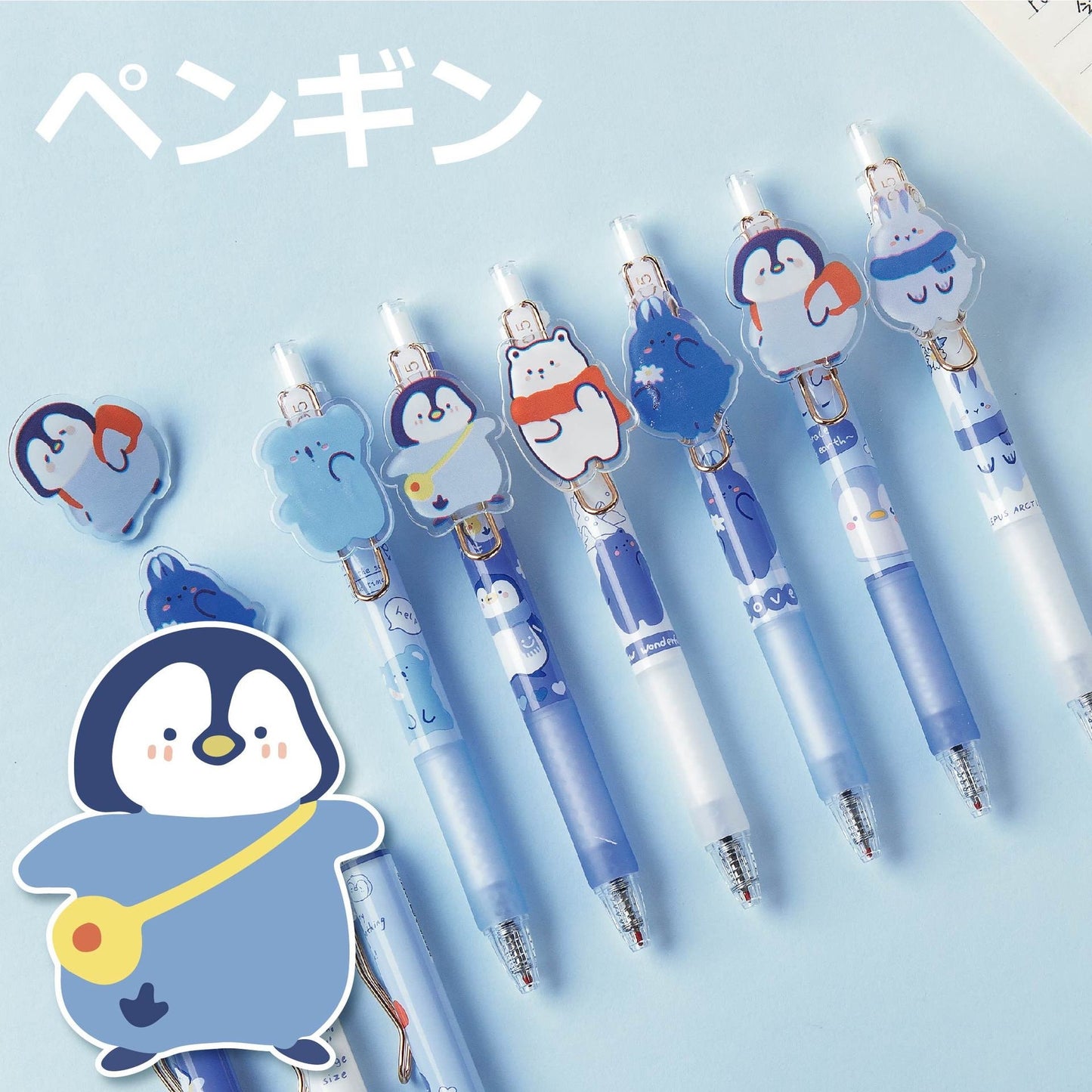 Cute "Love the Earth" gel pens with 0.5mm micro point, featuring adorable animal toppers including penguins, polar bears, and other kawaii characters.