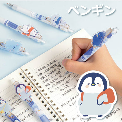 Kawaii Love the Earth Gel Pen with penguin designs - 0.5mm micro point, cute stationery for note-taking and journaling, shown writing in a notebook with adorable penguin illustrations.