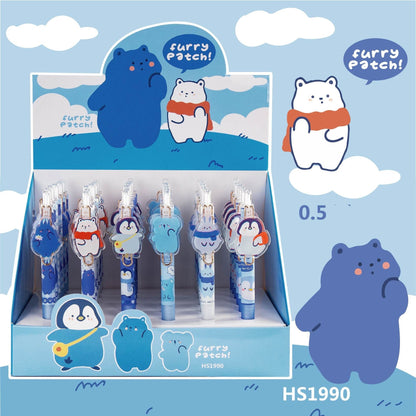 Kawaii Love the Earth Gel Pen - 0.5mm Micro Point featuring cute animal designs on display, including bears and penguins, in blue and white tones with "Furry Patch" branding.