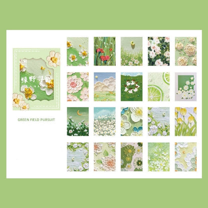 Rainbow Dream Decorative Scrapbook Paper - 60 Pages featuring "Green Field Pursuit" theme with floral and nature designs in pastel green shades, perfect for DIY projects and crafts.