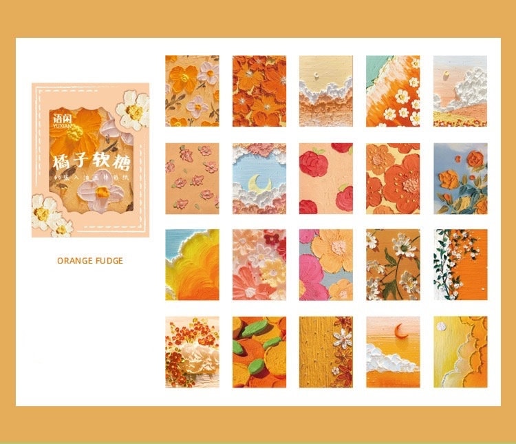 Rainbow Dream Decorative Scrapbook Paper - 60 Pages featuring Orange Fudge color palette and various floral and cloud designs. Perfect for DIY crafts, journaling, and art projects. Kawaii stationery for creative decoration.