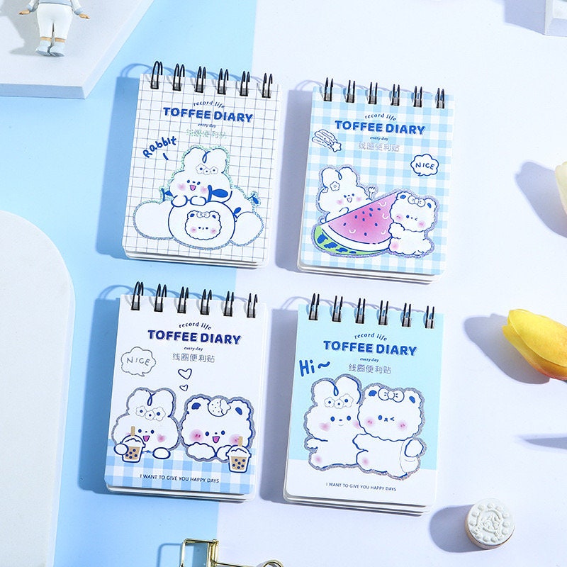 Toffee Diary Decorative Sticky Notepad Memo Pad in kawaii style featuring cute animal illustrations with different designs including a rabbit family, watermelon slice, and boba drinks.