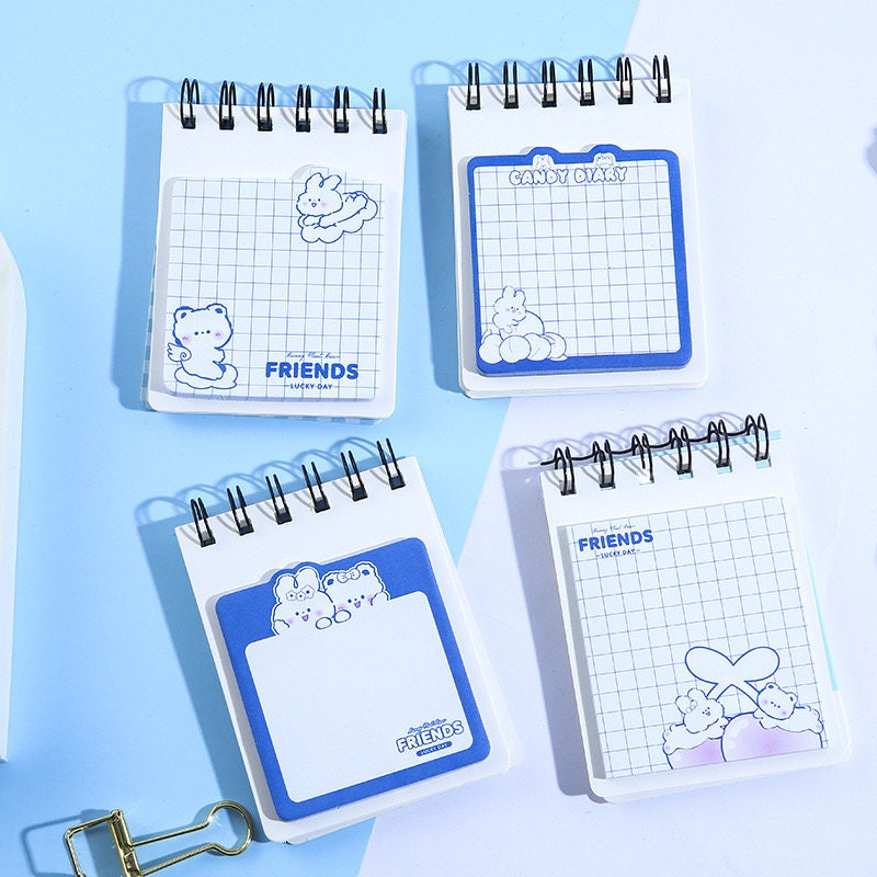 Toffee Diary Decorative Sticky Notepad Memo Pad featuring cute kawaii bear and bunny illustrations, grid patterned pages, spiral binding, perfect for journaling and note-taking