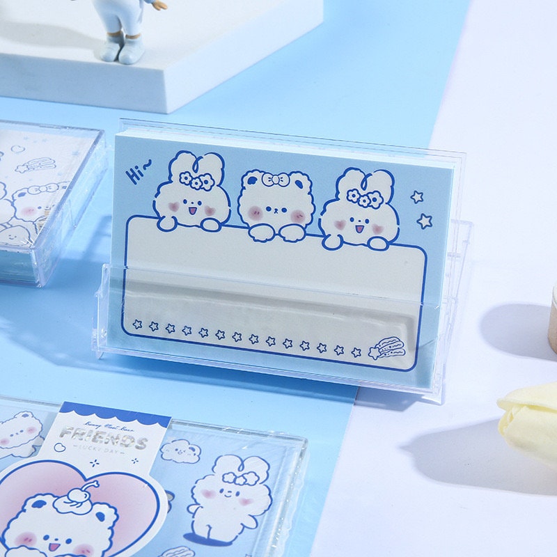 Toffee Diary Sticky Notepad with PVC Card Holder featuring adorable kawaii characters on a light blue background, perfect for cute stationery lovers.