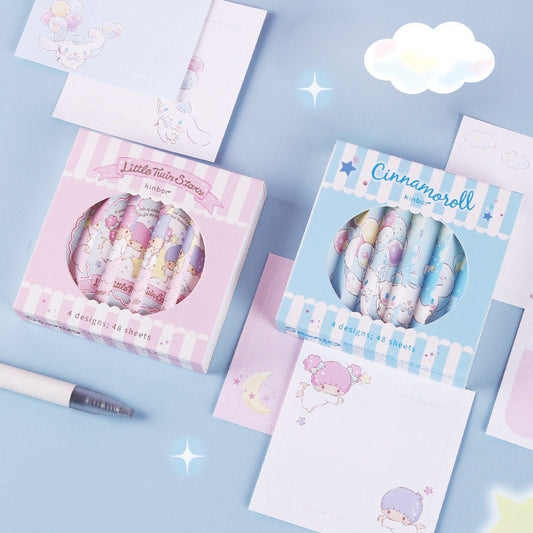 Cinnamoroll notepad set featuring 4 cute designs and 48 pages, kawaii stationery, pastel colors.