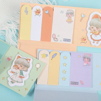 Mochi Sticky Notes Set featuring 100 cute Post-it labels and tags in kawaii style, adorned with adorable character illustrations and pastel colors.