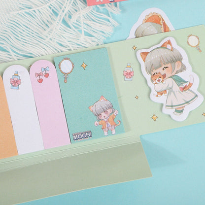 Mochi Sticky Notes Set - 100 post-it labels and tags featuring kawaii girl with cat ears design and cute decorative elements in pastel colors