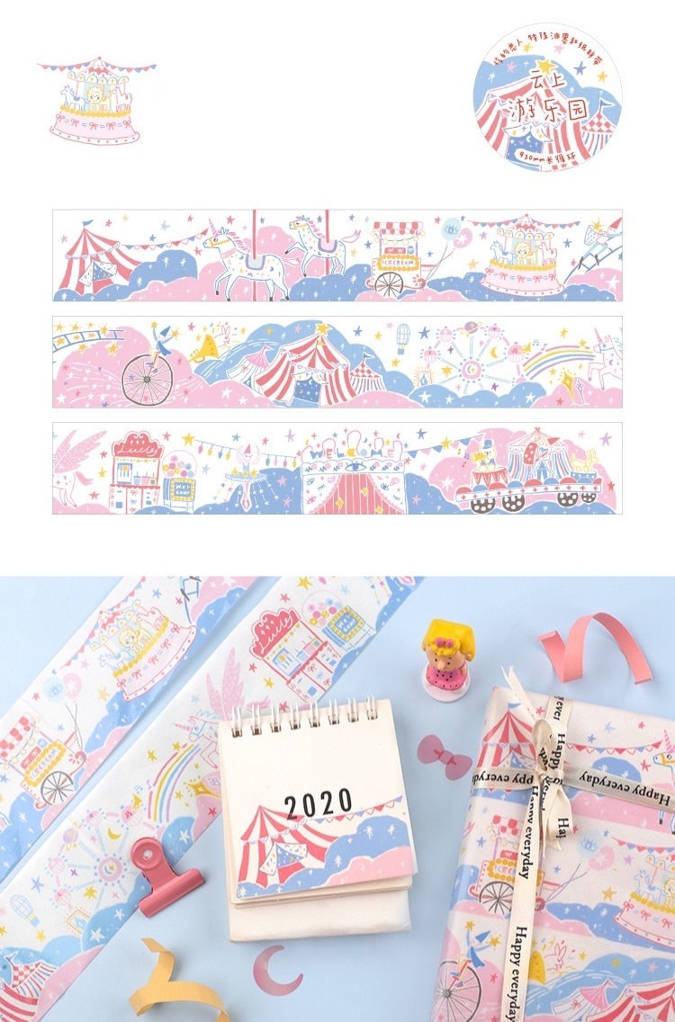 3m Wonderful Life Washi Tape - Christmas and DIY Craft featuring colorful, kawaii-style designs with circus and carnival themes, including unicorns, tents, and rides, perfect for holiday decorations and scrapbooking projects.