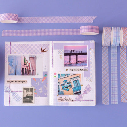 Colorful Grid Washi Tape Set displayed with planner and DIY scrapbook, featuring pastel grid designs in purple, blue, and orange hues, perfect for journaling, crafting, and decorating.