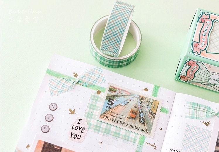 Colorful Grid Washi Tape Set used for decorating a planner and DIY crafts, featuring pastel green checkered patterns.