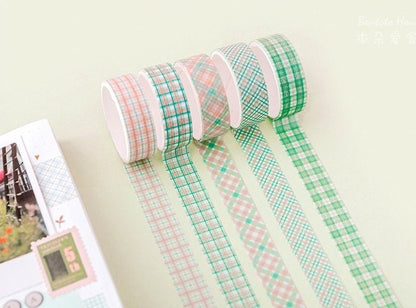 Colorful Grid Washi Tape Set - Planner and DIY, featuring five rolls of decorative tape with green and pastel plaid patterns, perfect for bullet journals, scrapbooking, and craft projects.