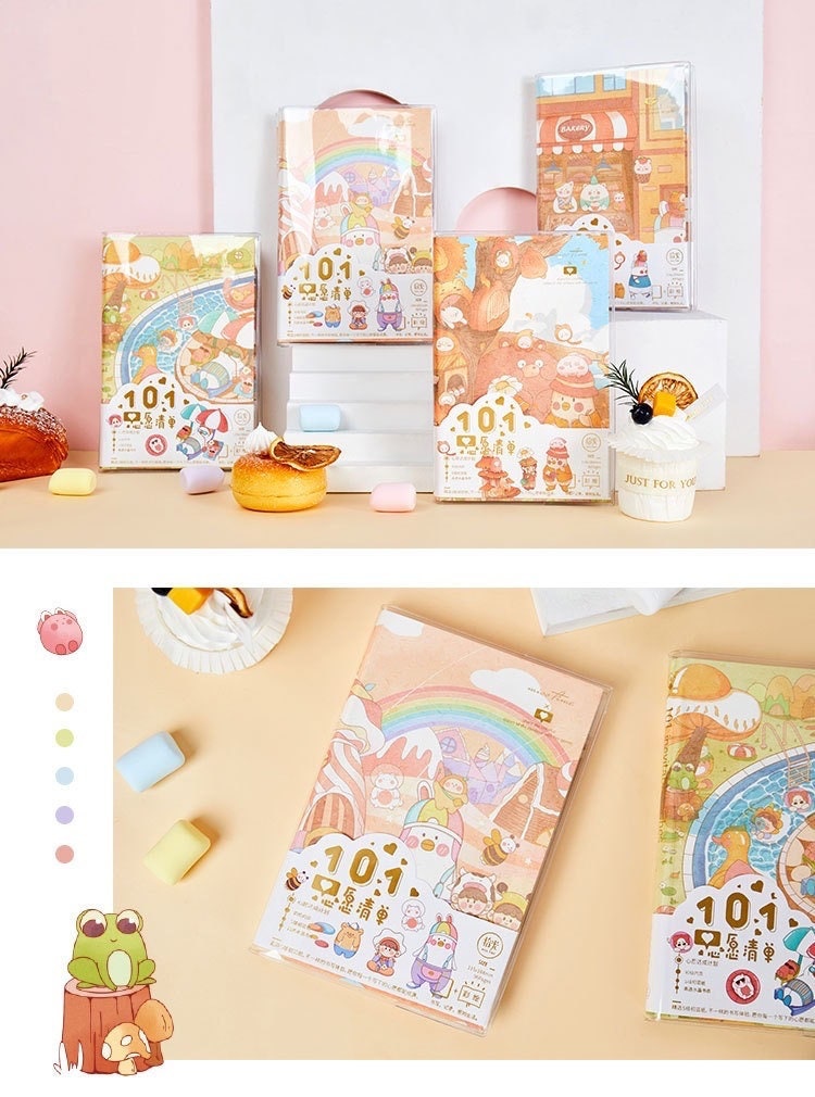 Crystal Cover Rainbow Town Journal - 192 Pages A5 featuring cute and colorful city-themed illustrations with adorable characters on the front covers, perfect for kawaii stationery enthusiasts.